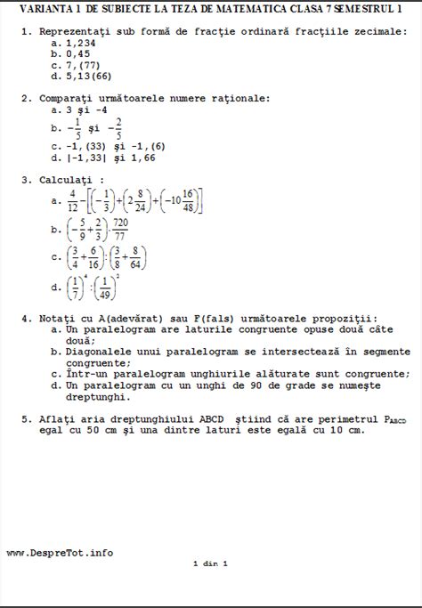 Model Teza Matematica Clasa 7 Sem 1