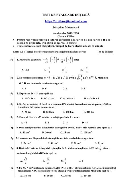 Modele De Examen Clasa A 8 Matematica