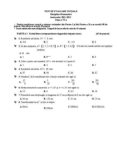 Test Initial Matematica Clasa 6